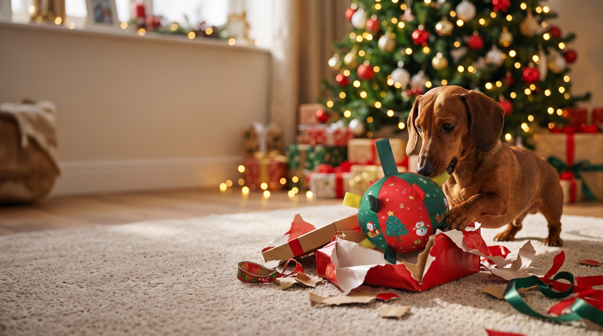 Dachshund unwrapping the BarkingBells ball on Christmas morning