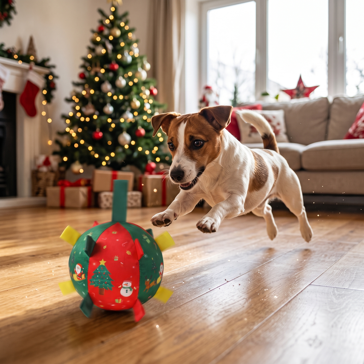 Terrier chasing the self-rolling ball