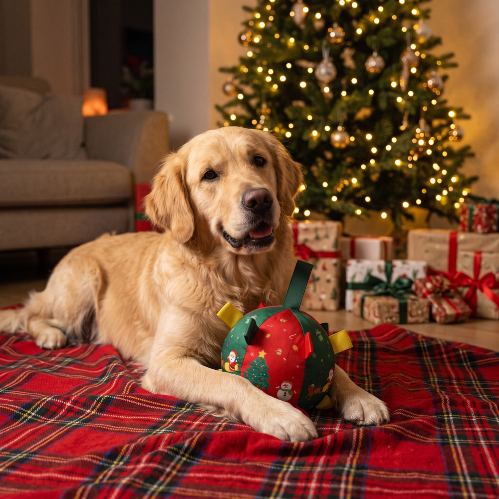 Golden retriever with the BarkingBells ball by the Christmas tree
