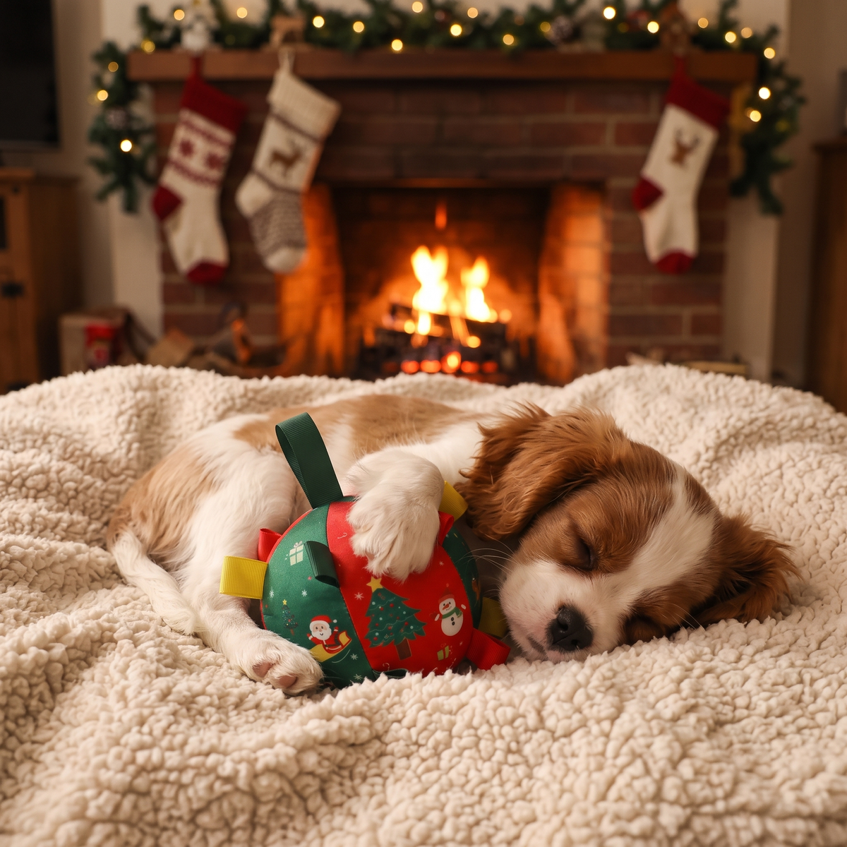 Puppy cuddling the soft fleece ball